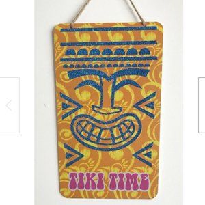 TIKI TIME Bar Luau Aloha Hawaiian Hibiscus Wood Sign Door Wall Island Decor Rope